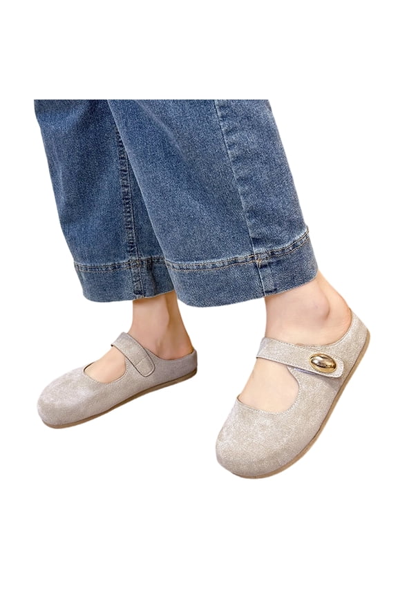 Women's Suede Mary Jane Mules, Womens Suede Mary Jane Flats | Comfortable Round Toe Casual Shoes With Adjustable Strap & Gold Button | Lightweight Walking Loafers for Daily Wear, Beige 9