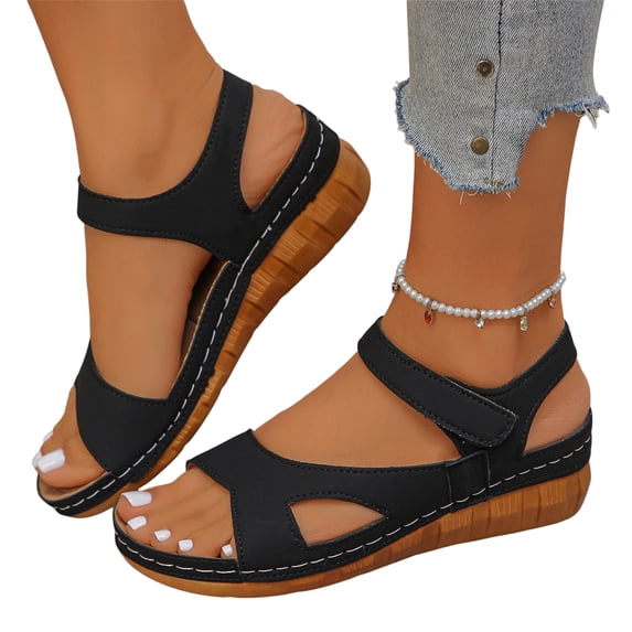 HTHLVMD Women's Wedge Sandals, Cut-Out Casual Sandals, Low Heel Comfort Shoes, Everyday Summer Shoes, Sandals for Women Thick Soles Open Toe Wedges Lightweight Hook and Loop Sandal, Black 6