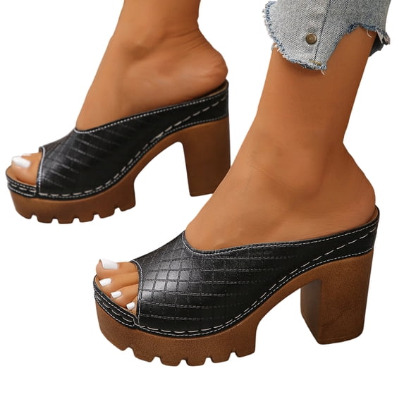 HTHLVMD Womens Shoes Slip On, Wide Width Sandals for Women, Beach Sandals, Summer Shoes, Women's Quilted Platform Mule Sandals, Open-Toe Chunky Heel Slides With Grid Pattern, Black 6