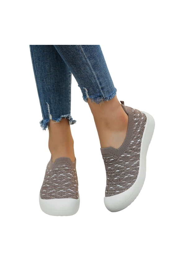 Womens Shoes Slip On, Women's Knit Slip-On Sneakers Ladies Low-Top Casual Walking Shoes Cute Flying Woven Loafer Lightweight Breathable Mesh Fashion Sneakers, Coffee 8