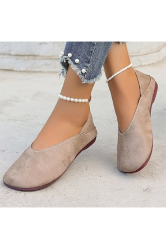 Womens Soft Suede Ballet Flats, Closed Toe Slip-On Shoes, Flat Shoes for Women Slip On Comfortable Walking Ballerina Shoes Ladies Cute Ballet Flats Pumps Low Wedge Dolly Shoes, Beige 5.5
