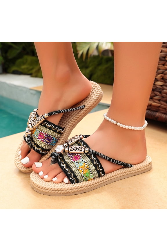 Woven Sole Summer Flip Flops, Boho Casual Sandals, Women's Summer Boho Beaded Flat Thong Sandals Woven Beach Slides Slipper Comfort Non-Slip Outdoor Flip Flops, Multicolor 5.5
