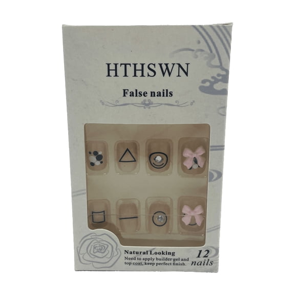 HTHSWN 12 Pcs Cute Press On False Nails Nude Short Square Fake Nails with Bow Design