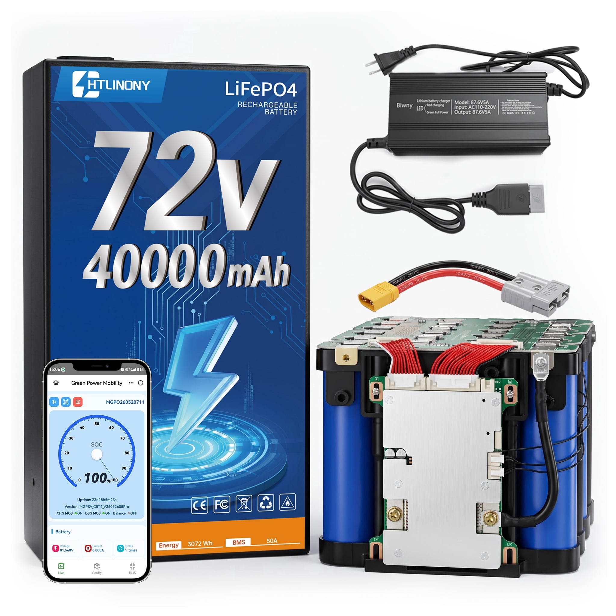 HTLINONY 72V 40Ah LiFePO4 Battery  Bluetooth, UN38.3 & UL2054 Certified, Automotive-Grade Cells, Spray-Alloy Shell, 4000+ Cycles, 50A BMS, 5A Charger, Anderson/XT90 for 250W-3500W EV DIY Upgrades (