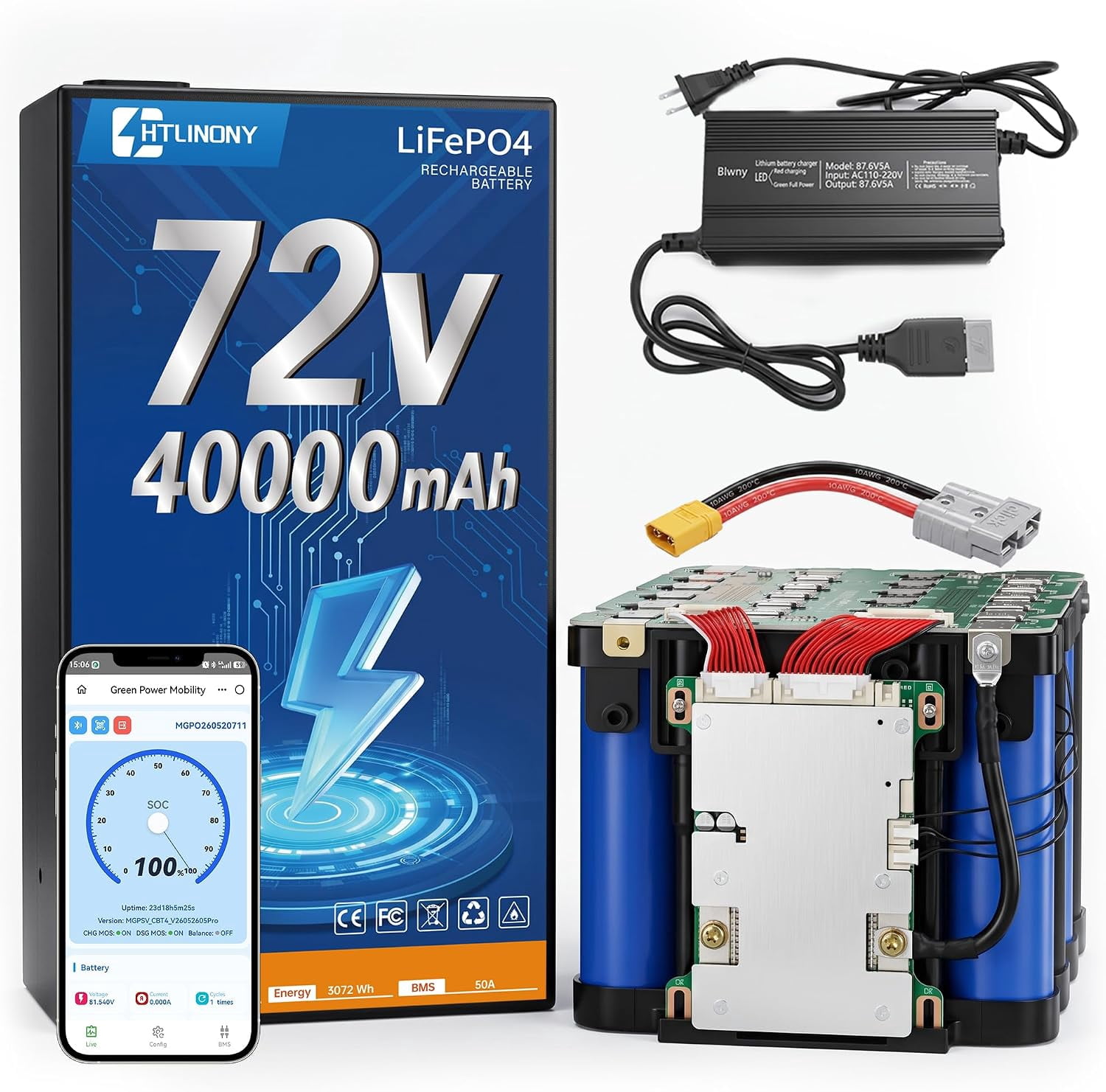 HTLINONY 72V 40Ah LiFePO4 Power Battery DIY,Spray-Alloy Shell & Automotive Cells  50A BMS, 4000 Cycles, 5A Fast Charger, Anderson/XT90 for 250W-3500W EV Builds