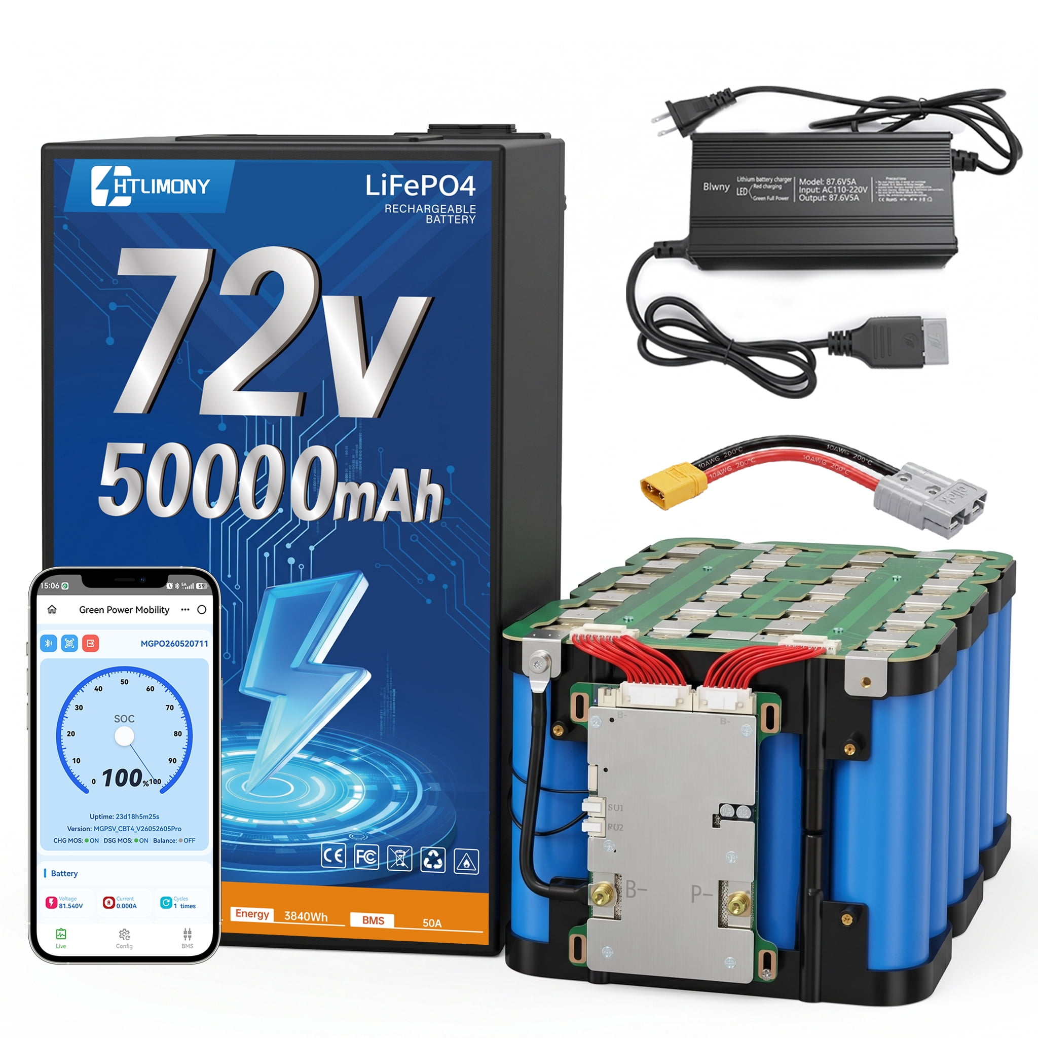 HTLINONY 72V 50Ah LiFePO4 Battery  Bluetooth, UN38.3 & UL2054 Certified, Automotive-Grade Cells, Spray-Alloy Shell, 4000+ Cycles, 50A BMS, 5A Charger, Anderson/XT90 for 250W-3500W EV DIY Upgrades (