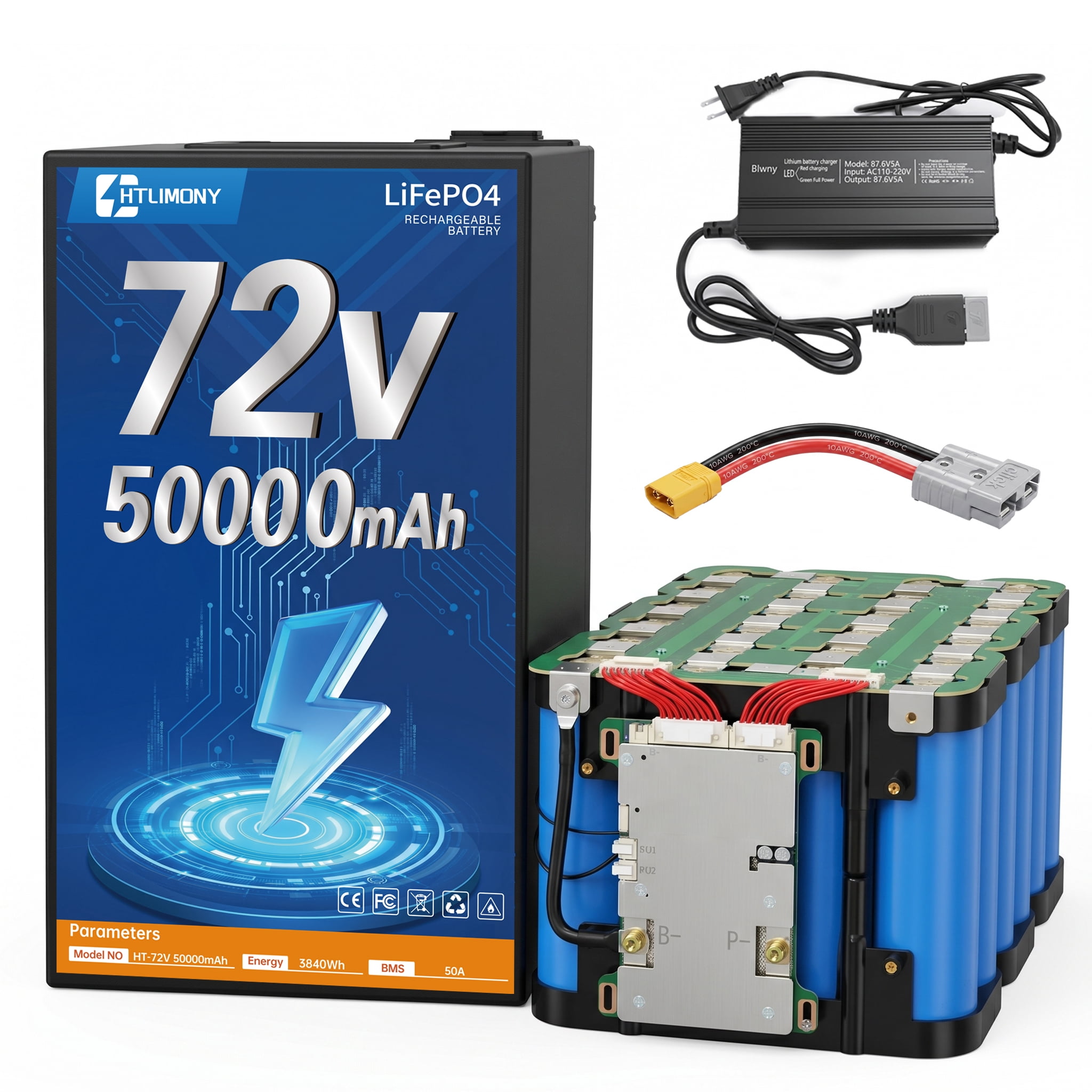 HTLINONY 72V 50Ah LiFePO4 Power Battery DIY,Spray-Alloy Shell & Automotive Cells  50A BMS, 4000 Cycles, 5A Fast Charger, Anderson/XT90 for 250W-3500W EV Builds