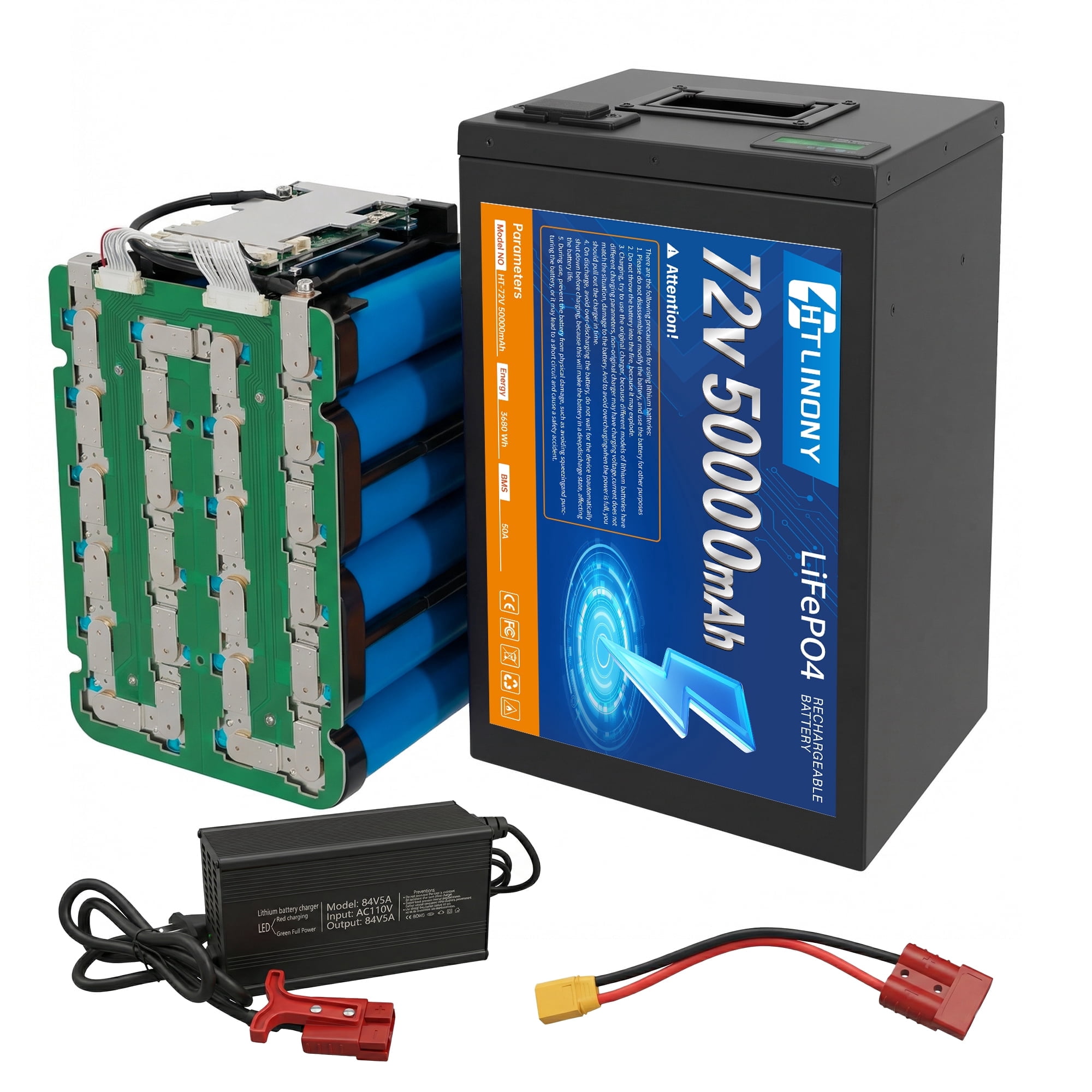 HTLINONYT 72V 50Ah LiFePO4 Electric Bike Battery, Built-in BMS, Replacement Battery for 250W-1500W Ebike & Scooter Motors