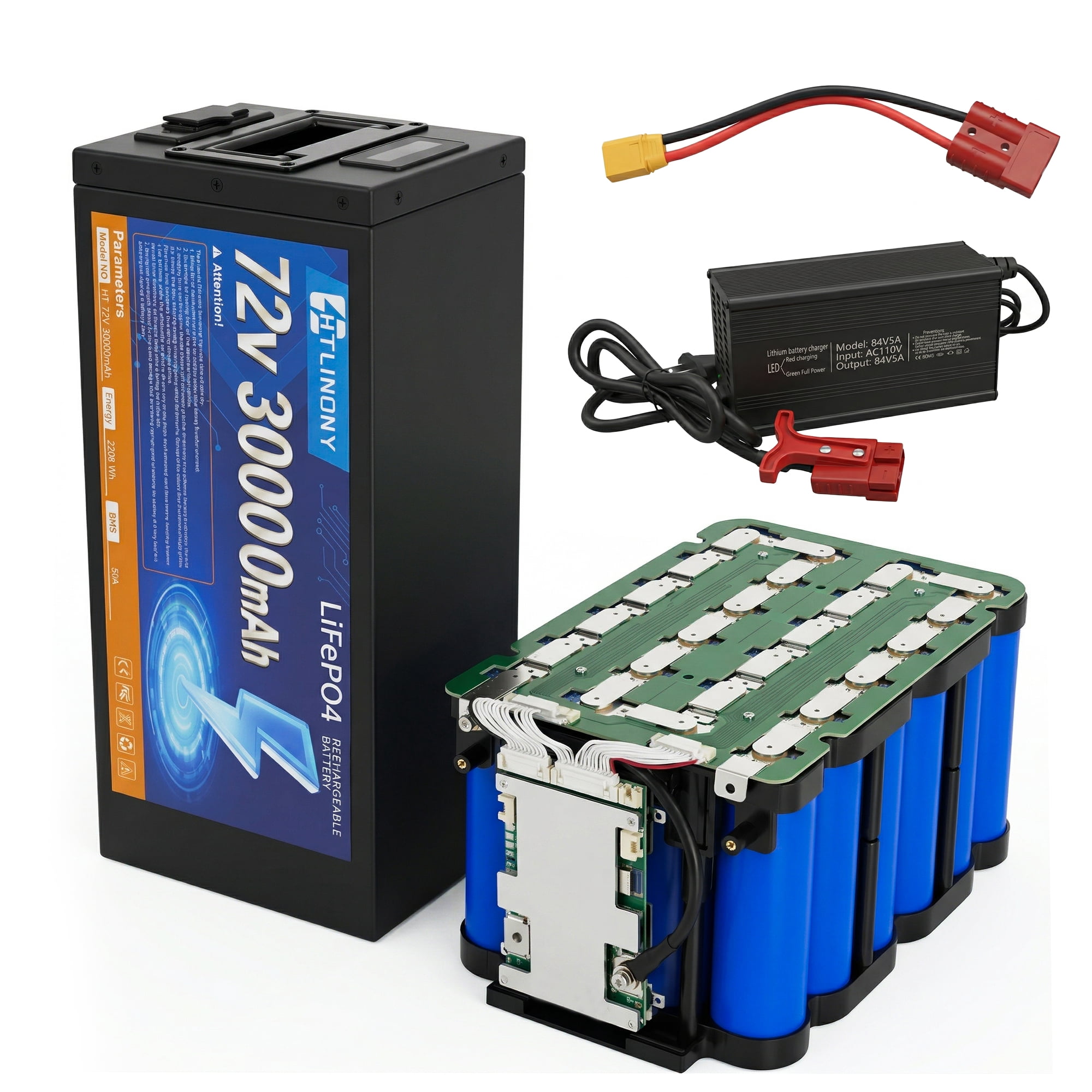 HTLINONYT 72V 40Ah LiFePO4 Electric Bike Battery, Built-in BMS, Replacement Battery for 250W-1500W Ebike & Scooter Motors