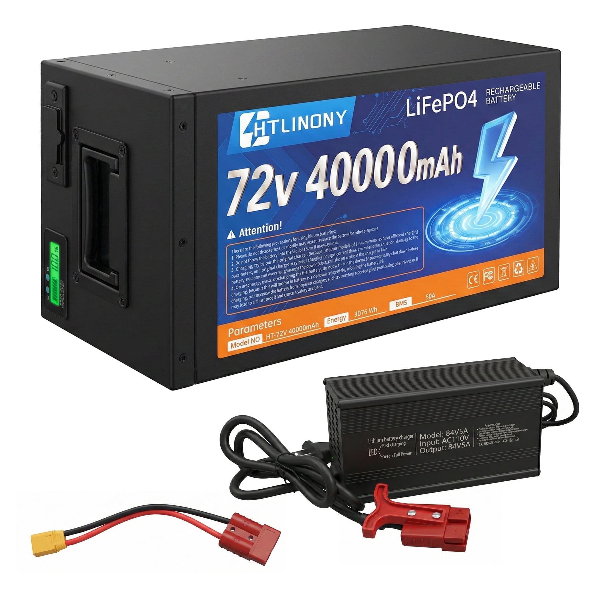 HTLINONYT 72V 40Ah LiFePO4 Electric Bike Battery, Built-in BMS, Replacement Battery for 250W-1500W Ebike & Scooter Motors