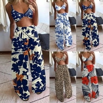 HTNBO 2 Piece Boho Outfits Sets for Women Beach Vacation Graphic Sleeveless Camis Tops Loose Wide Leg Elastic Waist Pants
