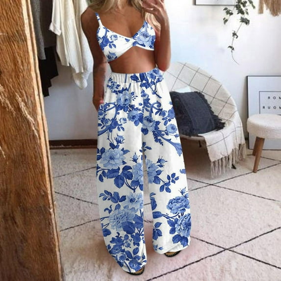 HTNBO 2 Piece Boho Outfits Sets for Women Beach Vacation Graphic Sleeveless Camis Tops Loose Wide Leg Elastic Waist Pants