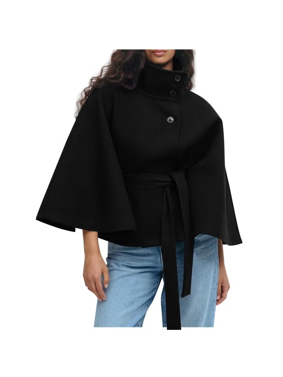 Batwing Woolen Trench Coat for Women Winter Elegant Poncho Pea Coats Stand Collar Cape Cloak Jackets with Belt