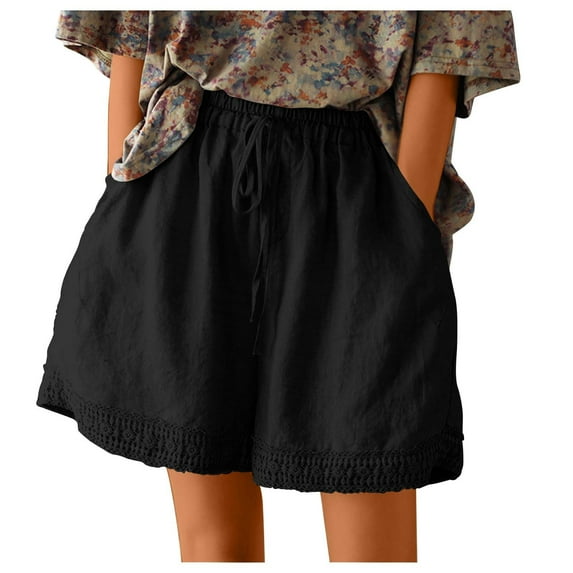 HTNBO Women Stretch Linen Shorts Summer Casual Drawstring Elastic Wasit Bermuda Shorts Comfy Shorts
