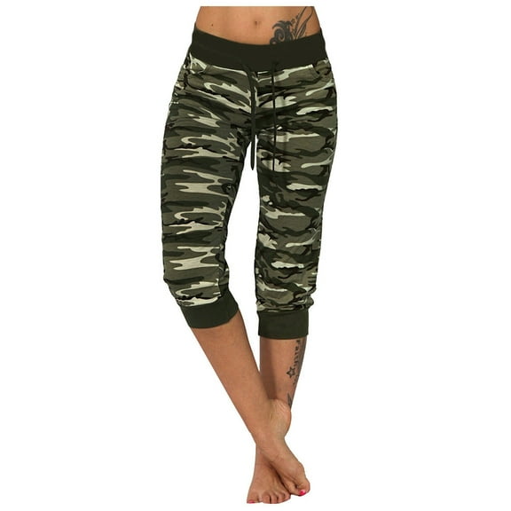 HTNBO Camo Capris for Women Drawstring Elastic Waist Camouflage Printed Slim Leg Cropped Pants