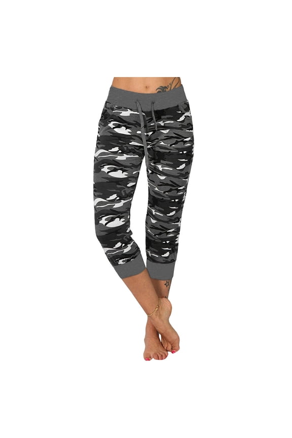 Camo Capris for Women Drawstring Elastic Waist Camouflage Printed Slim Leg Cropped Pants
