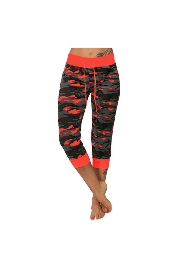 Camouflage Capris for Women Casual Drawstring Elastic Cropped Camo Pants Red XL