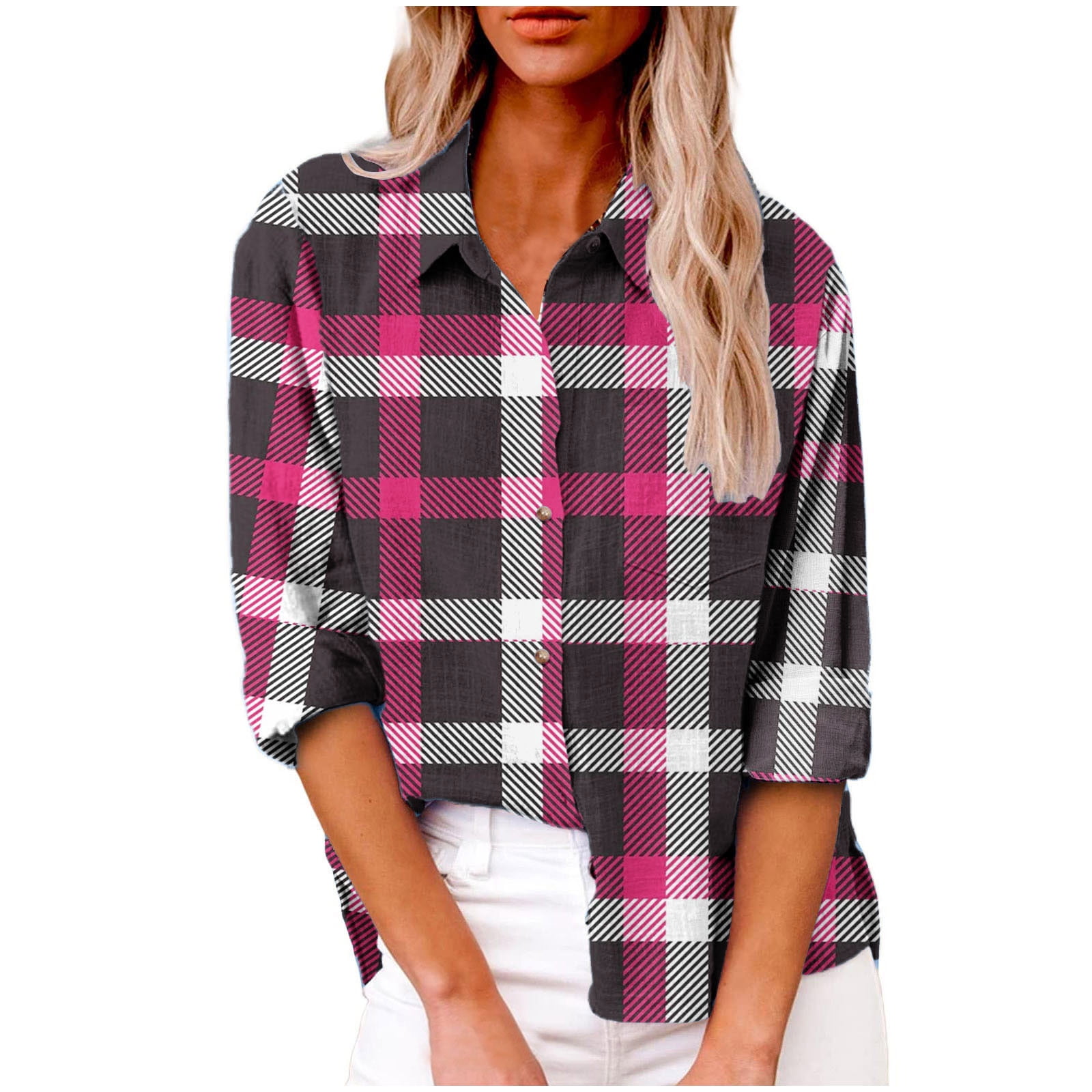 HTNBO Casual Button Down Shirts for Women Plus Size Long Sleeve Plaid ...