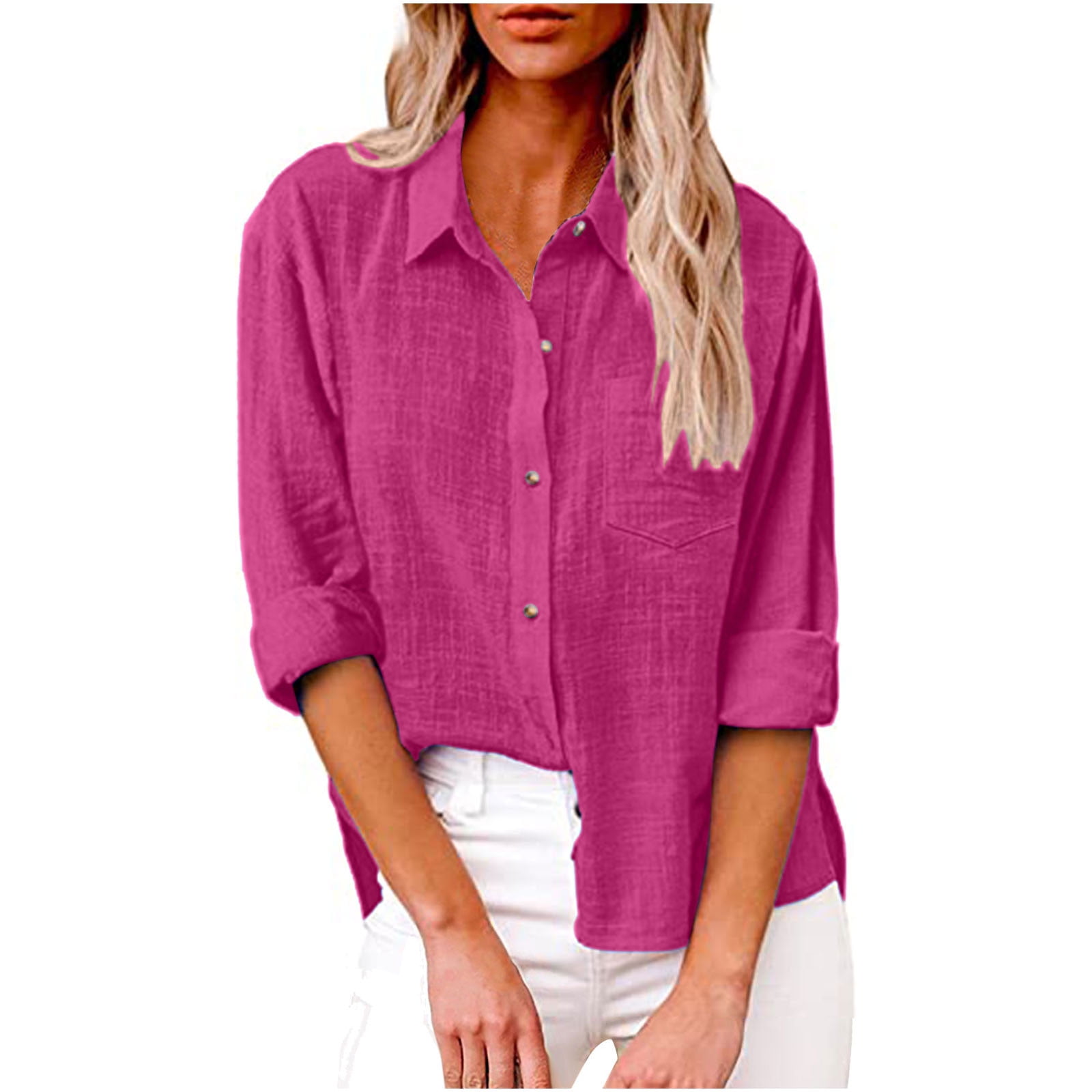 HTNBO Casual Fall Cotton Linen Plus Size Blouse for Women Long Sleeve Loose Long Button Down