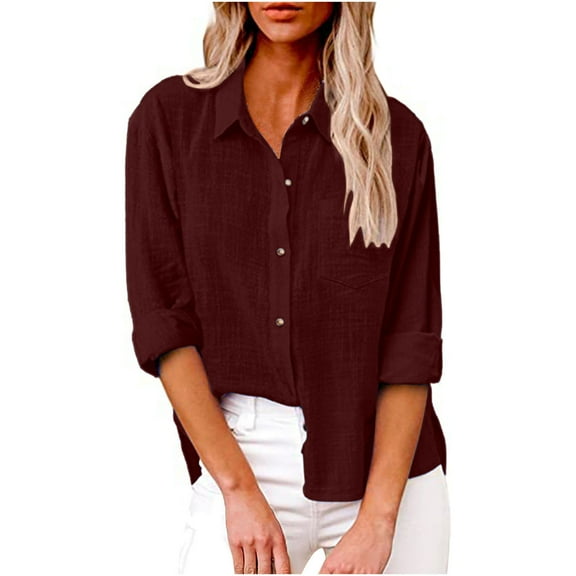 HTNBO Casual Fall Cotton Linen Plus Size Blouse for Women Long Sleeve Loose Long Button Down Shirt