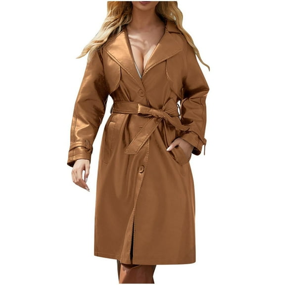 HTNBO Coats for Women Trendy Leather Jacket Elegant Notched Lapel Single-Breasted PU Overcoat Fall Long Peacoat with Belt