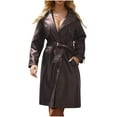 thumbnail image 1 of HTNBO Coats for Women Trendy Leather Jacket Elegant Notched Lapel Single-Breasted PU Overcoat Fall Long Peacoat with Belt, 1 of 8