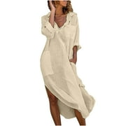 HTNBO Cotton Linen Shirt Dresses for Women Casual Fall Turn Down Long Sleeve Dress with Pockets 2023 Long Slit Hem Maxi Dresses