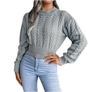 HTNBO Crop Sweaters for Juniors Long Sleeve Chunky Knit Cute Cropped Sweater for Women