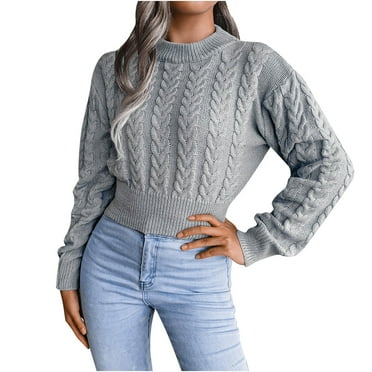 HTNBO Crop Sweaters for Juniors Long Sleeve Chunky Knit Cute Cropped Sweater for Women