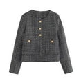thumbnail image 1 of HTNBO Crop Tweed Blazer Jacket for Women Collarless Open Front Button Business Work Casual Cropped Jacket Coat, 1 of 5