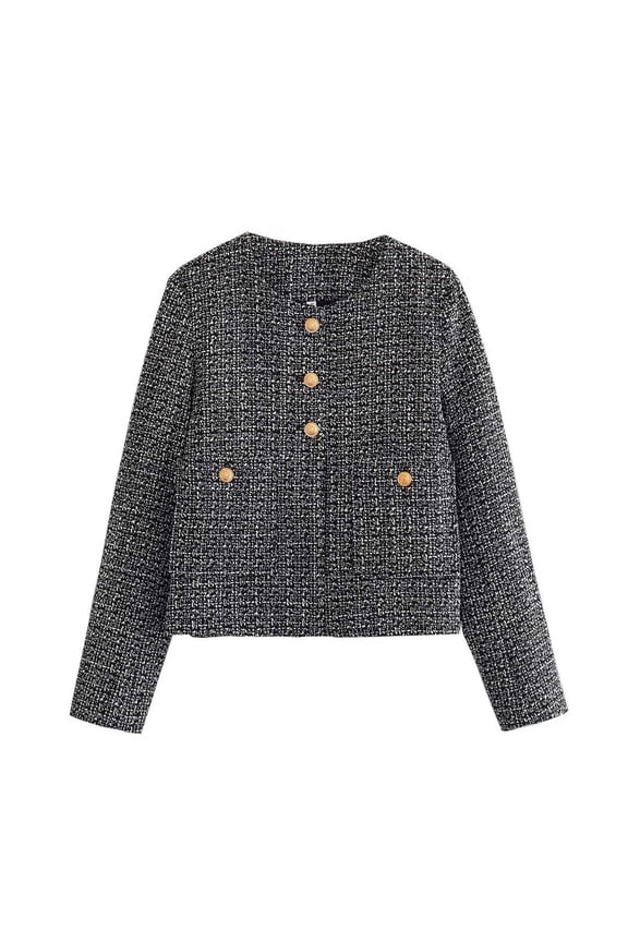 Crop Tweed Blazer Jacket for Women Collarless Open Front Button Business Work Casual Cropped Jacket Coat