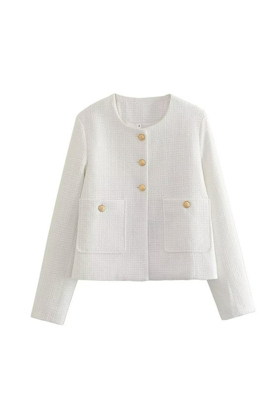 Crop Tweed Blazer Jacket for Women Collarless Open Front Button Business Work Casual Cropped Jacket Coat