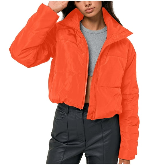 HTNBO Cropped Puffer Jackets for Women Quilted Lightweight Padded Stand Collar Zipper Puffer Coat Bomber Jacket