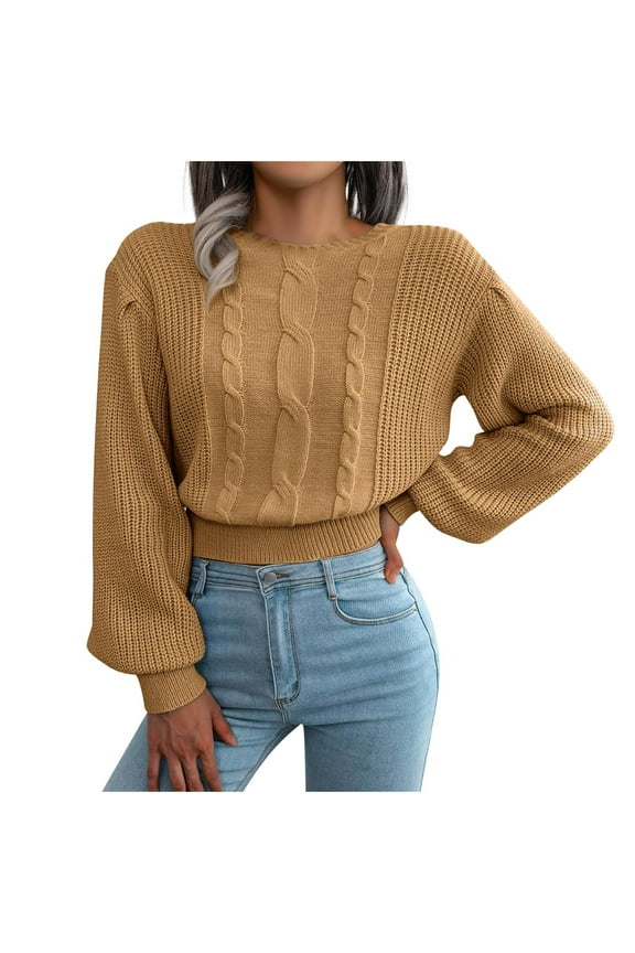 Cute Cropped Sweaters for Juniors Casual Fall Chunky Printed Long Sleeve Crewneck Sweater for Women