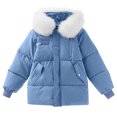 thumbnail image 1 of HTNBO Down Jackets for Women Winter Long Sleeve Zip Puffer Jacket Baggy Short Down Coats Faux Fur Splicing Hooded Coat, 1 of 5