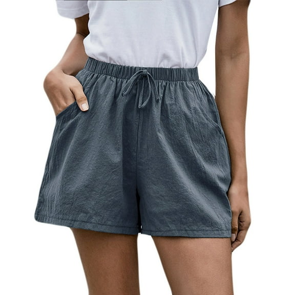 HTNBO Drawstring Shorts for Women Linen Blend Elastic Waist Short Casual Summer Beach Shorts with Pockets