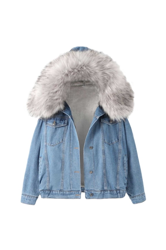 Faux Fur Coat Women Winter Denim Jacket Thickened Rabbit Fur Lined Jean Jackets Removable Cropped Top Soft Coat