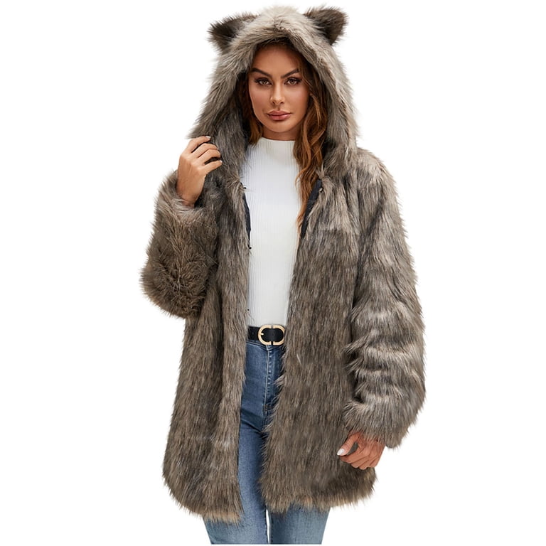 HTNBO Faux Fur Jacket Women Cute Cat Ear Hoodie Fuzzy Fleece 