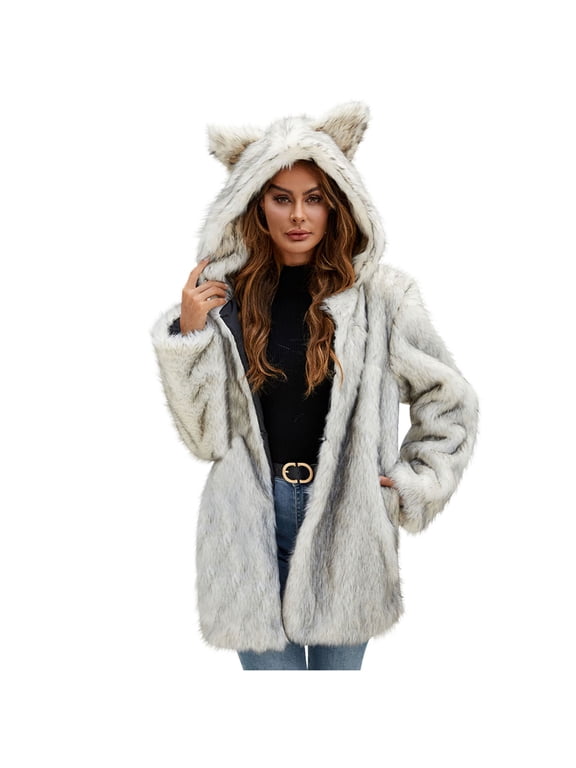 Faux Fur Jacket Women Cute Cat Ear Hoodie Fuzzy Fleece Jacket Hooded Open Front Cardigan Mid Length Winter Coats