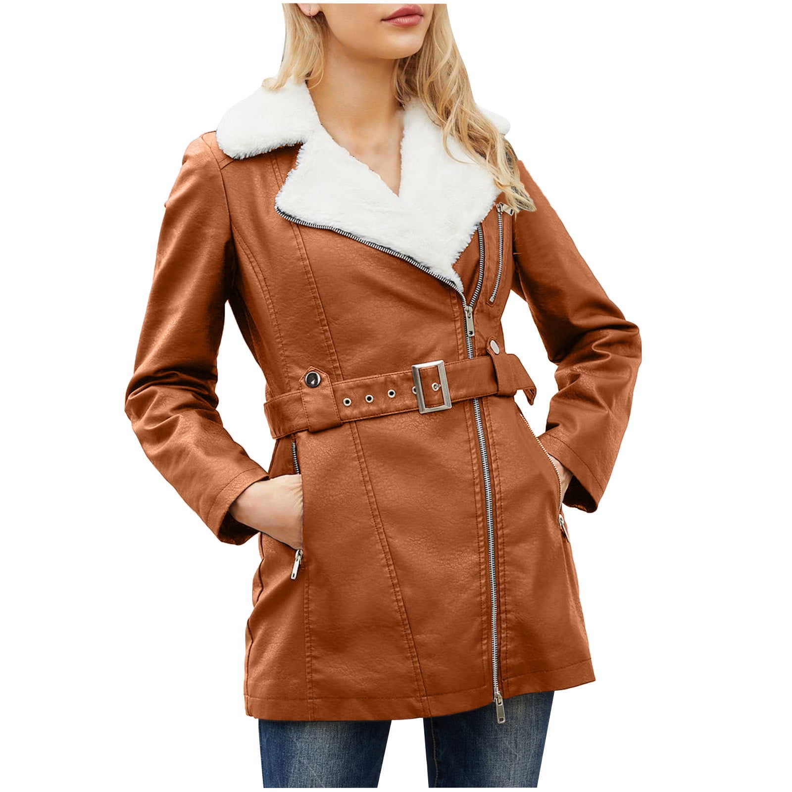 HTNBO Faux Leather Jacket Womens Winter Coat Mid Length Fleece