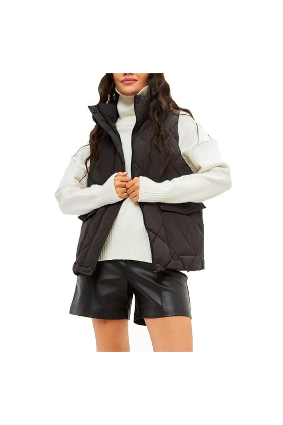 Faux Leather Puffer Vest for Women Sleeveless Winter Padded Jacket Casual Zip up Stand Collar Puffy Vests