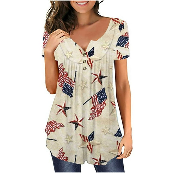 HTNBO Fourth of July Tees for Women Short Sleeve Button V Neck Patriotic Tops