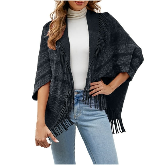 HTNBO Fringe Cape Coat for Women 3/4 Length Sleeve Cardigan Knit Poncho Stylish Striped Tassel Shawl Crochet