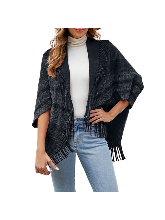 Fringe Cape Coat for Women 3/4 Length Sleeve Cardigan Knit Poncho Stylish Striped Tassel Shawl Crochet