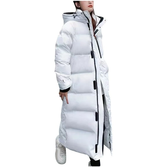 HTNBO Full Length Down Jackets for Women Long Puffer Jackets Winter Down Coats Long Sleeves Quilted Hooded Warm Parka