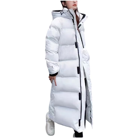 HTNBO Full Length Down Jackets for Women Long Puffer Jackets Winter Down Coats Long Sleeves Quilted Hooded Warm Parka
