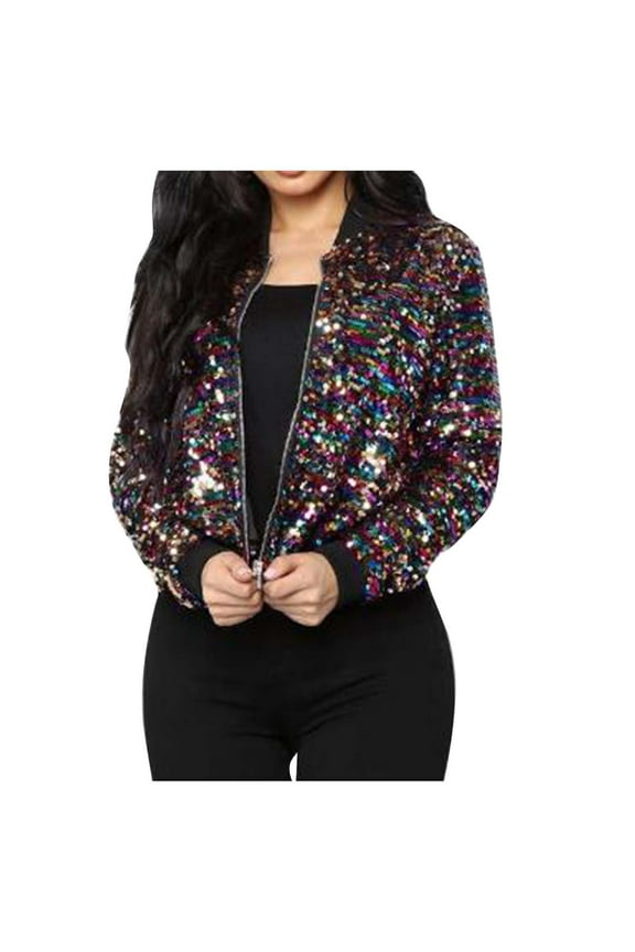 Glitter Sequin Baseball Jacket for Women Full Zip Up Sparkle Bomber Jacket Fall Winter Fashion Crop Outcoat