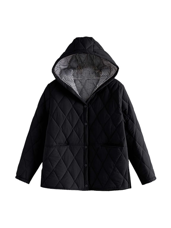 Hooded Cotton Coat Women Baggy Thermal Warm Padded Coat Fashion Argyle Plaid Button Down Jacket Winter Outwear