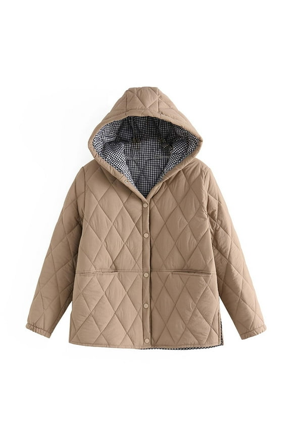 Hooded Cotton Coat Women Baggy Thermal Warm Padded Coat Fashion Argyle Plaid Button Down Jacket Winter Outwear