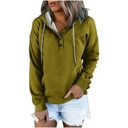 HTNBO Hoodies For Women Button Collar Long Sleeve Pullover Tops Drawstring Hooded Sweatshirts Fall Fashion Outfits